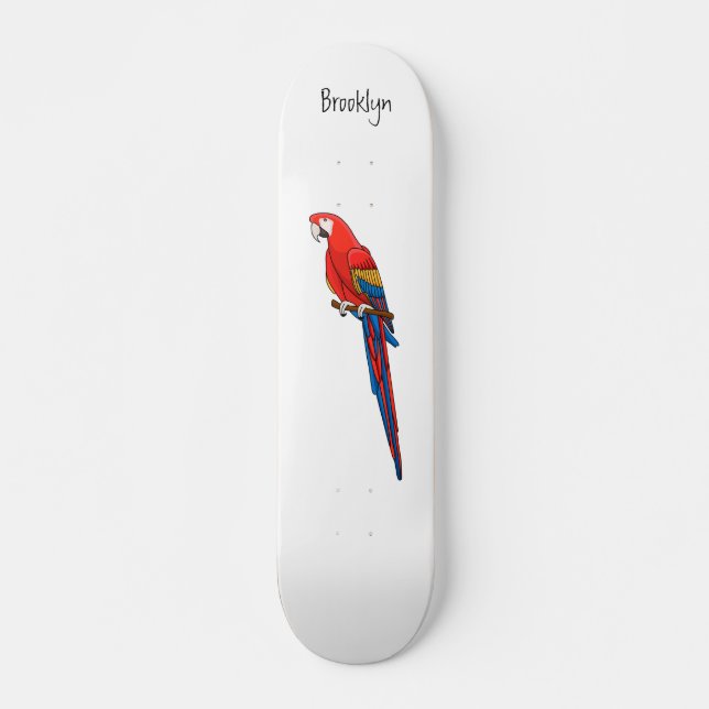 Scarlet macaw parrot cartoon illustration skateboard (Front)