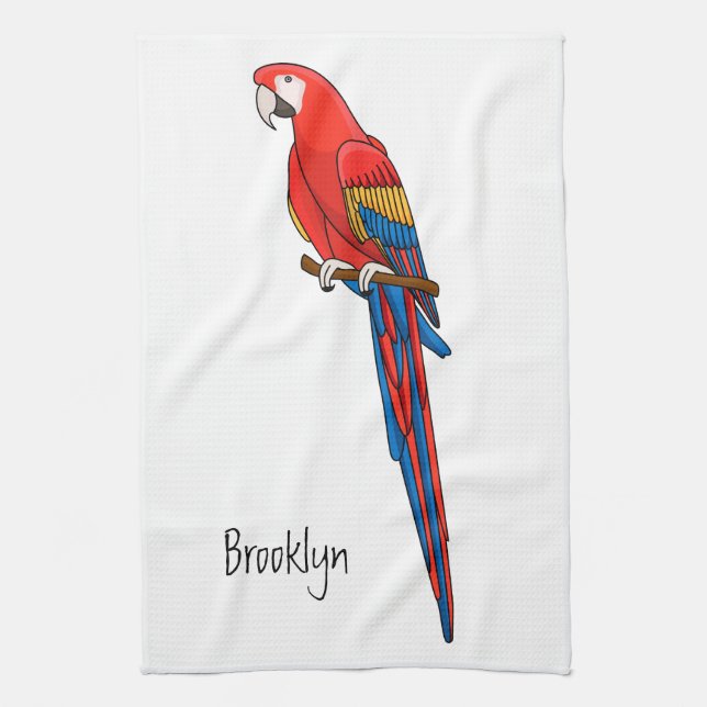 Scarlet macaw parrot cartoon illustration tea towel (Vertical)