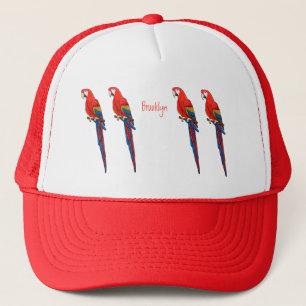 Scarlet macaw parrot cartoon illustration trucker hat