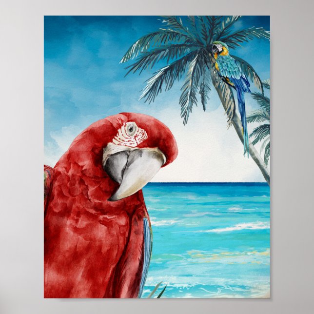 Scarlet Macaw Parrot Watercolor Tropical  Poster (Front)