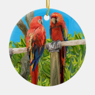 Scarlet Macaw Parrots Perching Ceramic Tree Decoration