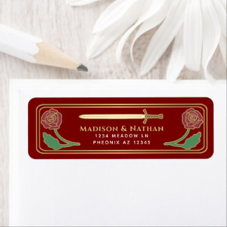 Scarlet Mediaeval Fantasy Gold Sword Wedding Label
