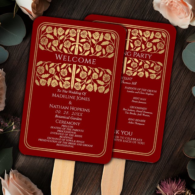 Scarlet Mediaeval Gold Sword Royal Wedding Program Hand Fan (Creator Uploaded)