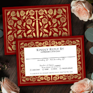 Scarlet Mediaeval Gold Sword Royal Wedding RSVP Card