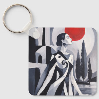 Scarlet Moon: Stylised Woman in Monochrome Landsca Key Ring