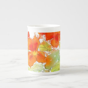 Scarlet Nasturtiums, Watercolor and Ink on White Bone China Mug