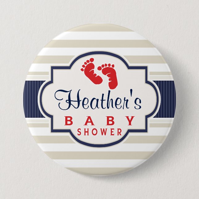 Scarlet, Navy, Eggshell Stripes Baby Shower 7.5 Cm Round Badge (Front)