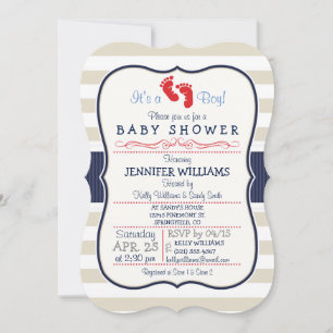 Scarlet, Navy, Eggshell Stripes Baby Shower Invitation
