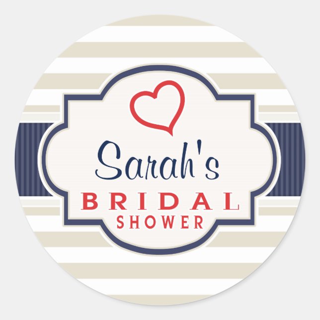 Scarlet, Navy, Eggshell Stripes Bridal Shower Classic Round Sticker (Front)