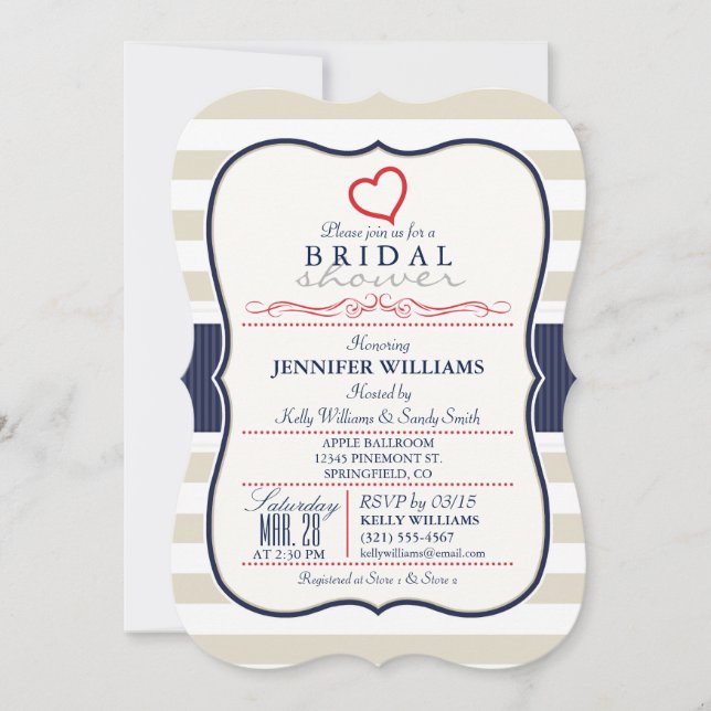 Scarlet, Navy, Eggshell Stripes Bridal Shower Invitation (Front)