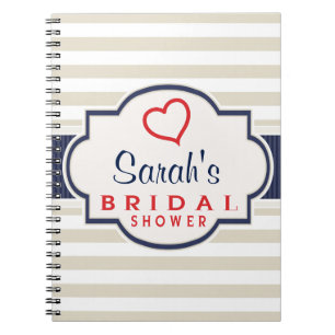 Scarlet, Navy, Eggshell Stripes Bridal Shower Notebook