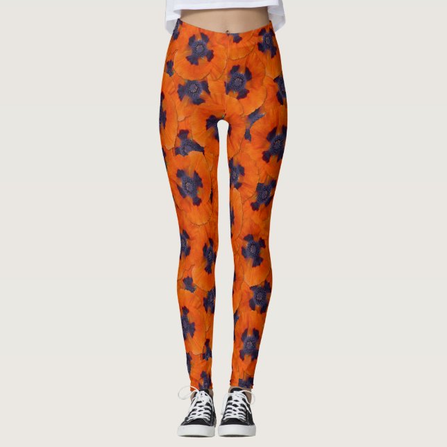 Scarlet Orange Poppy Seamless Pattern Leggings (Front)