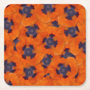 Scarlet Orange Poppy Seamless Pattern Square Paper Coaster