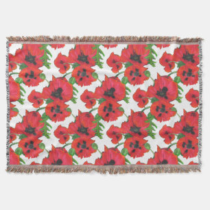 Scarlet Oriental Poppies on White Pattern Throw Blanket