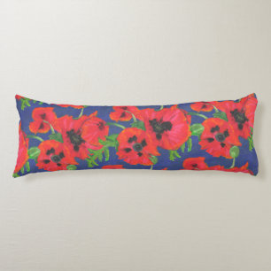 Scarlet Oriental Poppies Pattern on Blue Body Cushion