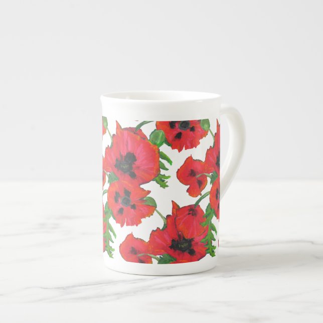 Scarlet Oriental Poppies Pattern on White Bone China Mug (Front Right)