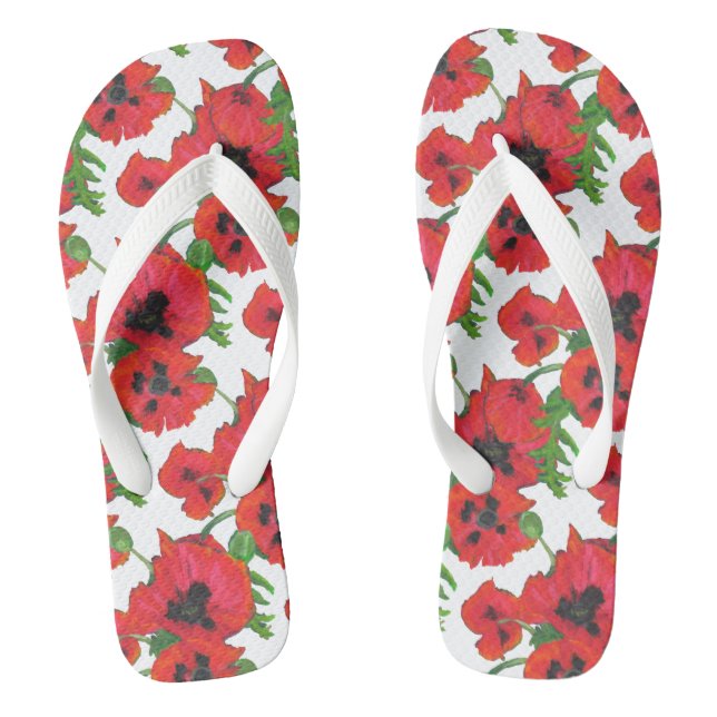 Scarlet Oriental Poppies Pattern on White Flip Flops (Footbed)
