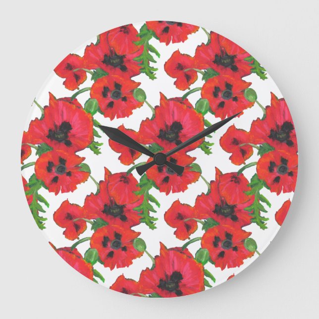 Scarlet Oriental Poppies Pattern on White Large Clock (Front)