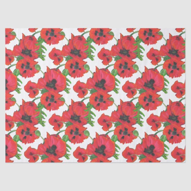 Scarlet Oriental Poppies Pattern on White Tissue Paper (Front)