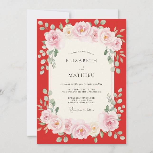 Scarlet Painted Petal Wedding Invitation (Front)