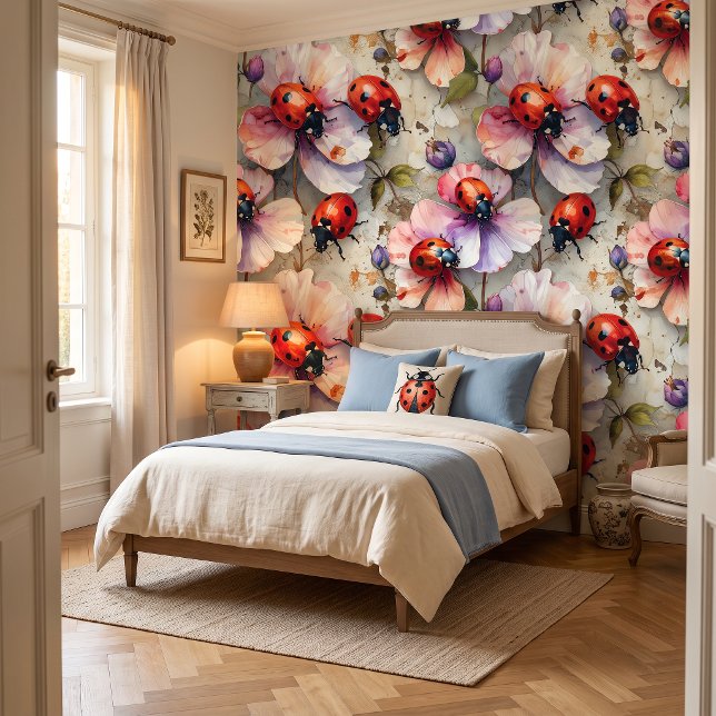 Scarlet Petal Luck Ladybug Peel & Stick  Wallpaper (Invite beauty, joy, and a little luck into every room.)