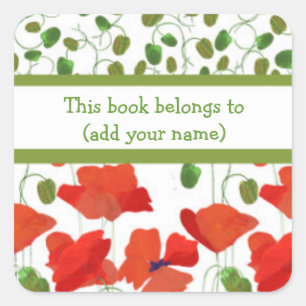 Scarlet Poppies and Poppy Buds Bookplates Square Sticker
