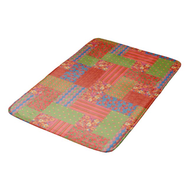Scarlet Poppies Patterns Nostalgic Faux Patchwork Bath Mat (Angled)
