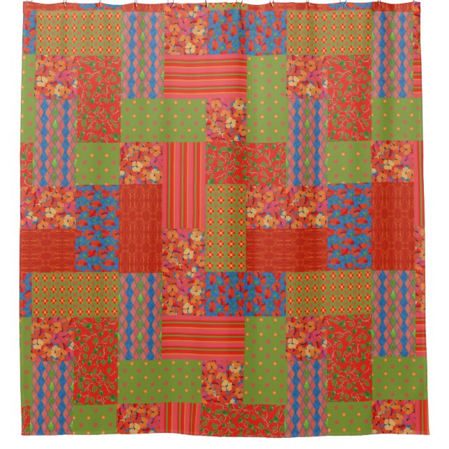 Scarlet Poppies Patterns Nostalgic Faux Patchwork Shower Curtain (Front)