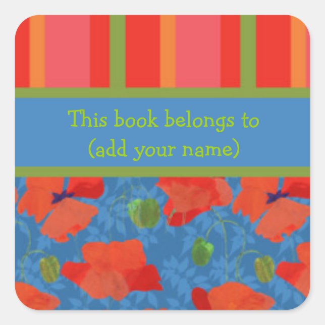 Scarlet Poppies, Stripes Sheet of 20 Bookplates Square Sticker (Front)