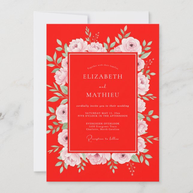 Scarlet Ranunculus Foliage Eucalyptus Wedding Invitation (Front)