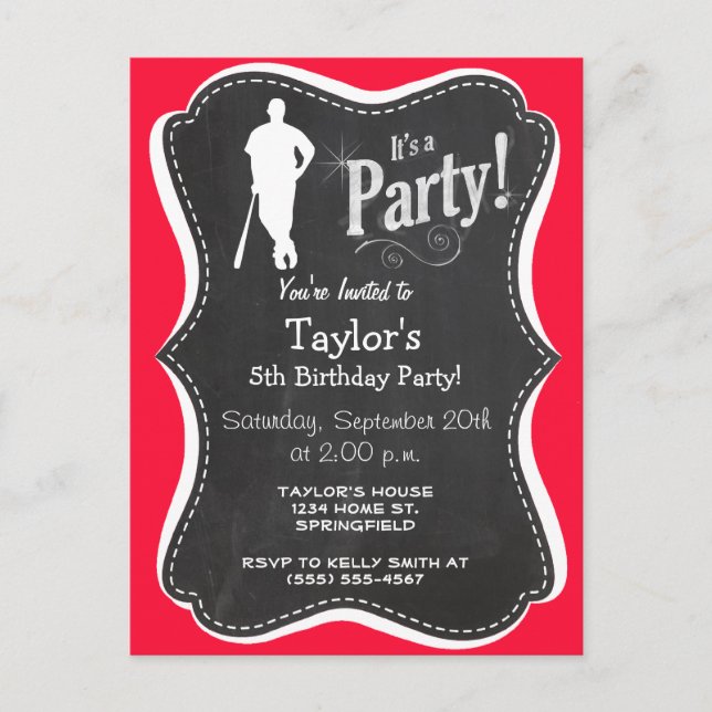 Scarlet Red Baseball; Softball Invitation Postcard (Front)