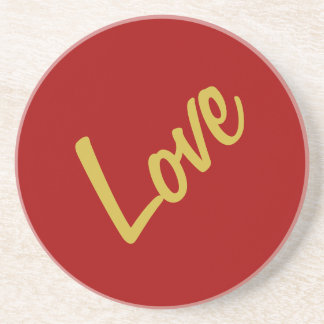 Scarlet Red Gold Colours Love Wedding Calligraphy Coaster