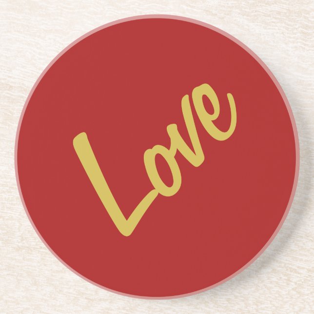 Scarlet Red Gold Colours Love Wedding Calligraphy Coaster (Front)
