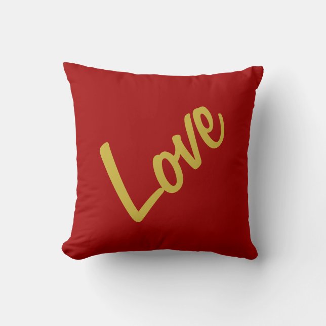 Scarlet Red Gold Colours Love Wedding Calligraphy Cushion (Front)
