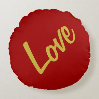 Scarlet Red Gold Colours Love Wedding Calligraphy Round Cushion