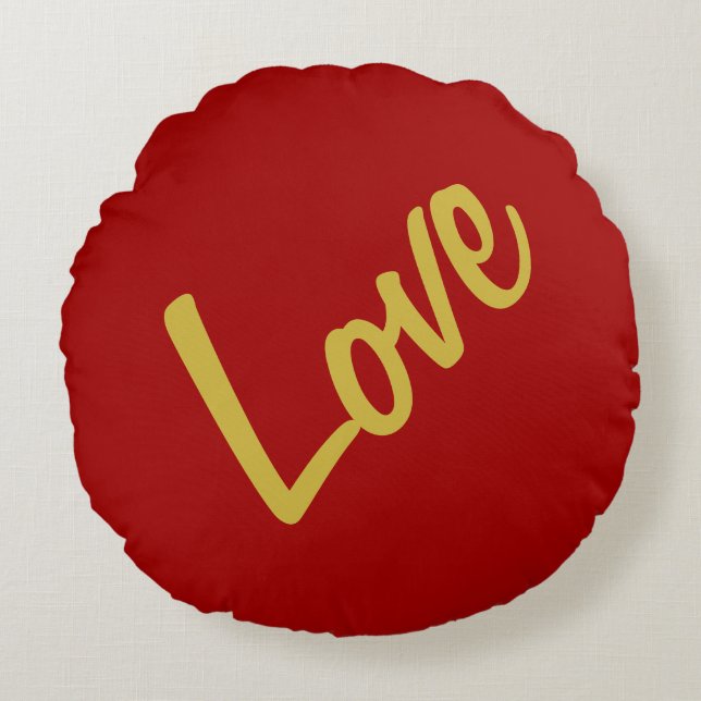 Scarlet Red Gold Colours Love Wedding Calligraphy Round Cushion (Front)