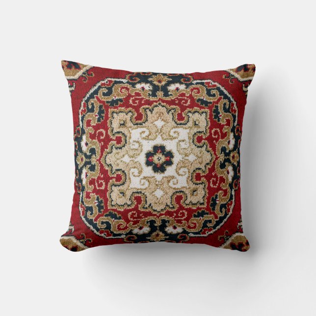 Scarlet Red Onyx Black Tan Oriental Persian Carpet Cushion (Front)