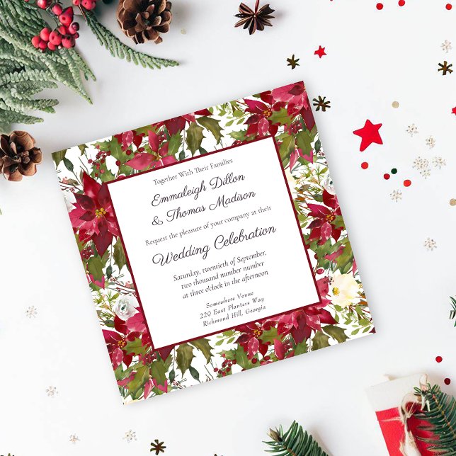 Scarlet Red Poinsettia Floral Pattern Wedding  Invitation (Creator Uploaded)