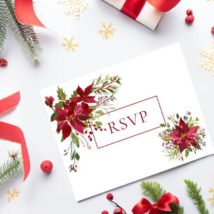Scarlet Red Poinsettia Floral Wedding RSVP  Invitation Postcard