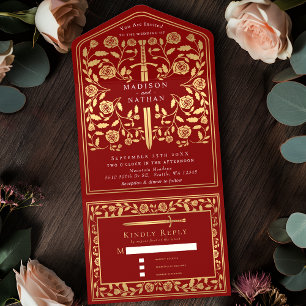 Scarlet Red Royal Medieval Sword Wedding  All In One Invitation