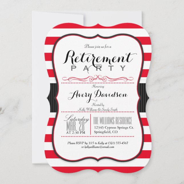 Scarlet Red & White; Elegant Retirement Party Invitation (Front)
