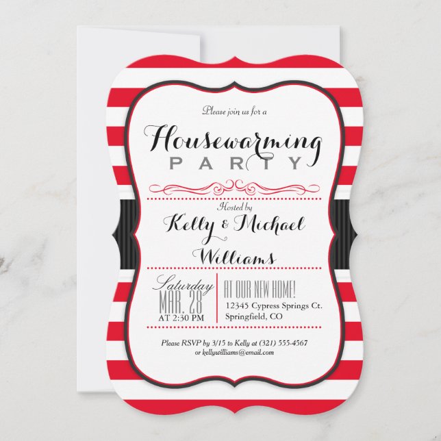 Scarlet Red & White Stripes Housewarming Party Invitation (Front)