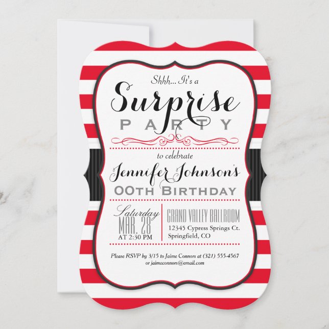 Scarlet Red & White Stripes Surprise Party Invitation (Front)