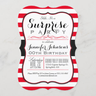 Scarlet Red & White Stripes Surprise Party Invitation