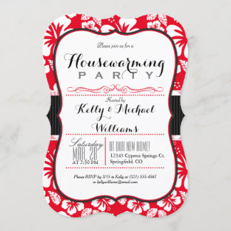 Scarlet Red & White Tropical Housewarming Party Invitation