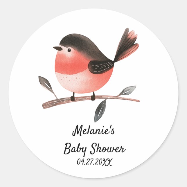 Scarlet Robin on Branch Woodland Bird Baby Shower Classic Round Sticker (Front)