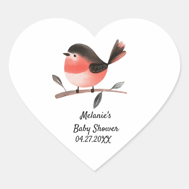 Scarlet Robin on Branch Woodland Bird Baby Shower Heart Sticker (Front)