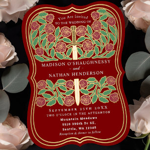 Scarlet Royal Mediaeval Floral Sword Wedding Invitation