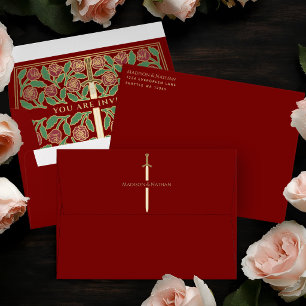 Scarlet Royal Mediaeval Gold Floral Sword Wedding Envelope