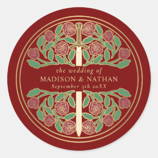 Scarlet Royal Mediaeval Gold Sword Wedding  Classic Round Sticker